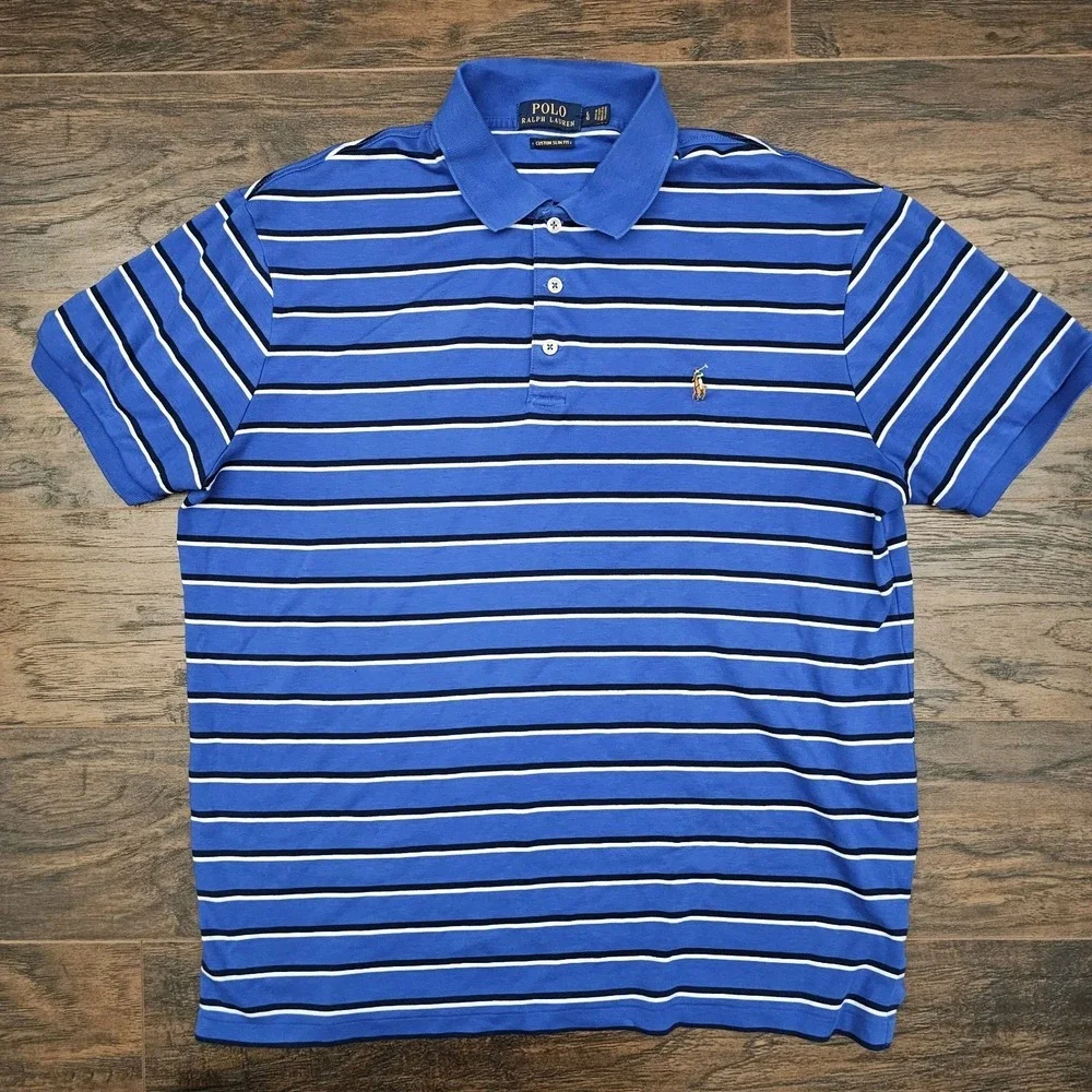 Polo Ralph Lauren Mens Large Blue‎ White Stripe Custom Slim Fit Polo Flesh Pony
